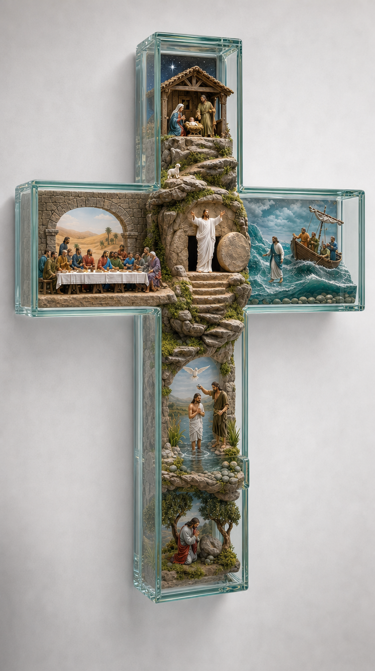 The Life of Christ illuminated glass cross with six dioramas